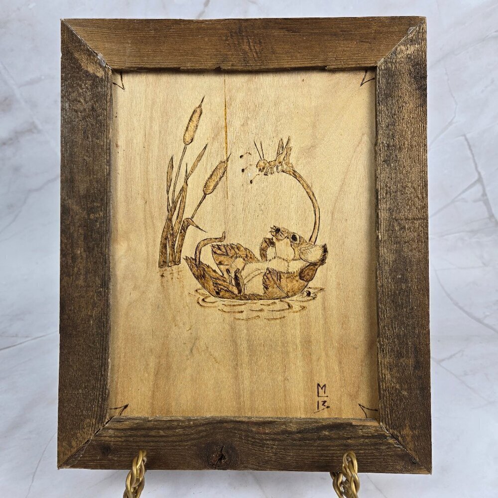 Handmade Burned Wooden Art Mouse Lily Pad Cricket Singing Framed Signed